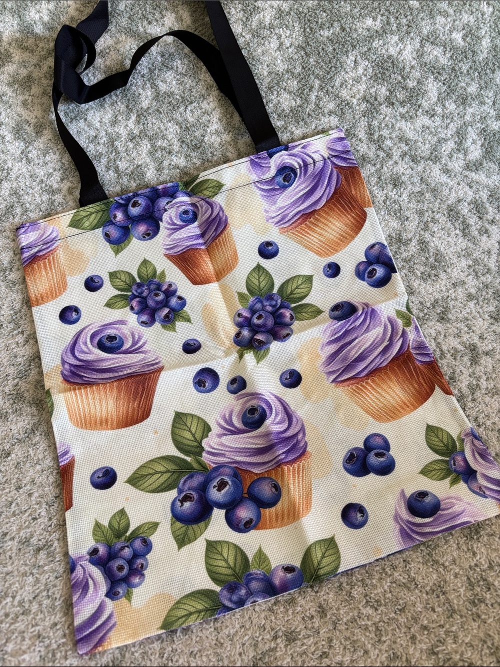 Blueberry Frosted Cupcake Poly Canvas Tote Bag NWT 13.75x15.75”